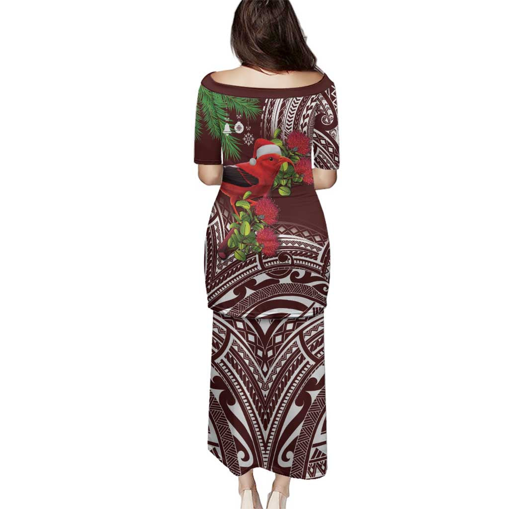 Christmas Hawaii with I'iwi Bird Family Matching Puletasi and Hawaiian Shirt Aloha Mele Kalikimaka - Oxblood Art LT9 - Polynesian Pride