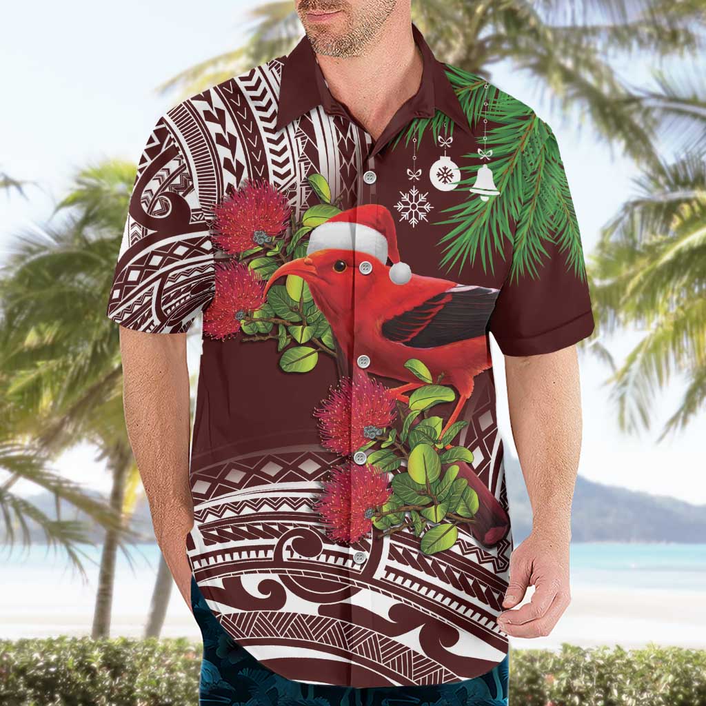 Christmas Hawaii with I'iwi Bird Hawaiian Shirt Aloha Mele Kalikimaka - Oxblood Art LT9 - Polynesian Pride
