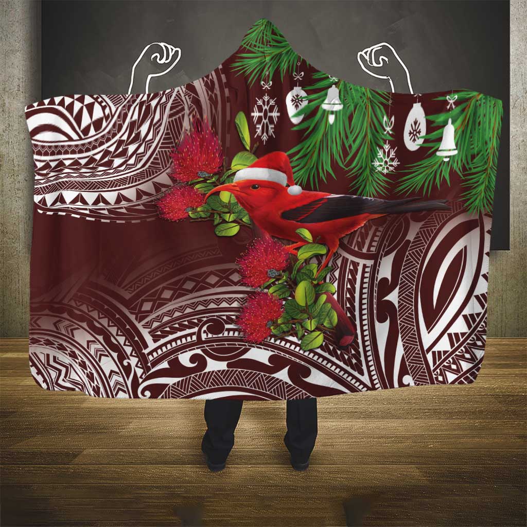 Christmas Hawaii with I'iwi Bird Hooded Blanket Aloha Mele Kalikimaka - Oxblood Art LT9 - Polynesian Pride