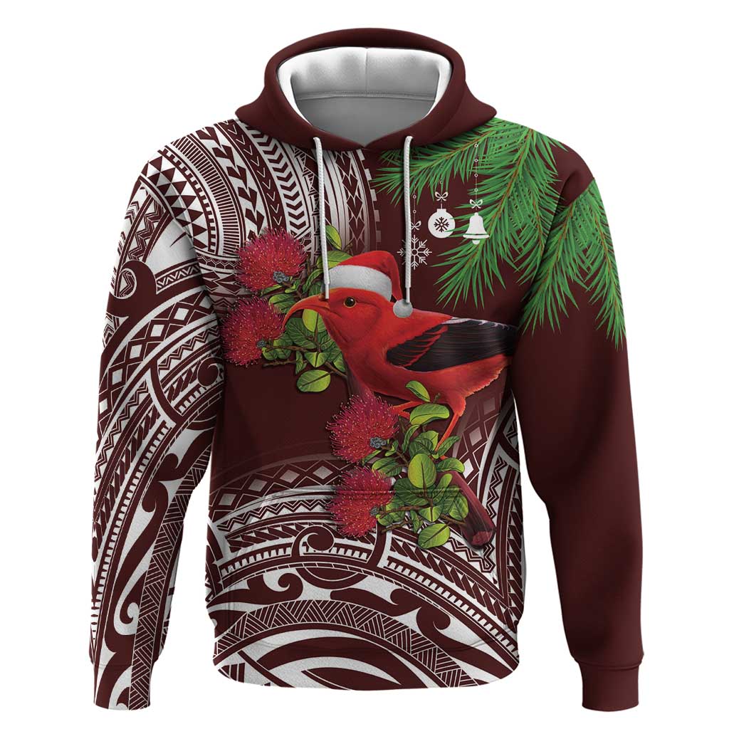 Christmas Hawaii with I'iwi Bird Hoodie Aloha Mele Kalikimaka - Oxblood Art LT9 Pullover Hoodie Oxblood - Polynesian Pride