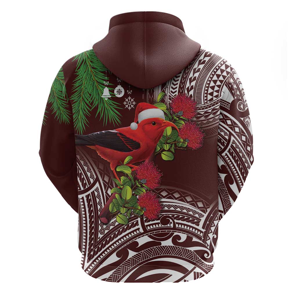 Christmas Hawaii with I'iwi Bird Hoodie Aloha Mele Kalikimaka - Oxblood Art LT9 - Polynesian Pride