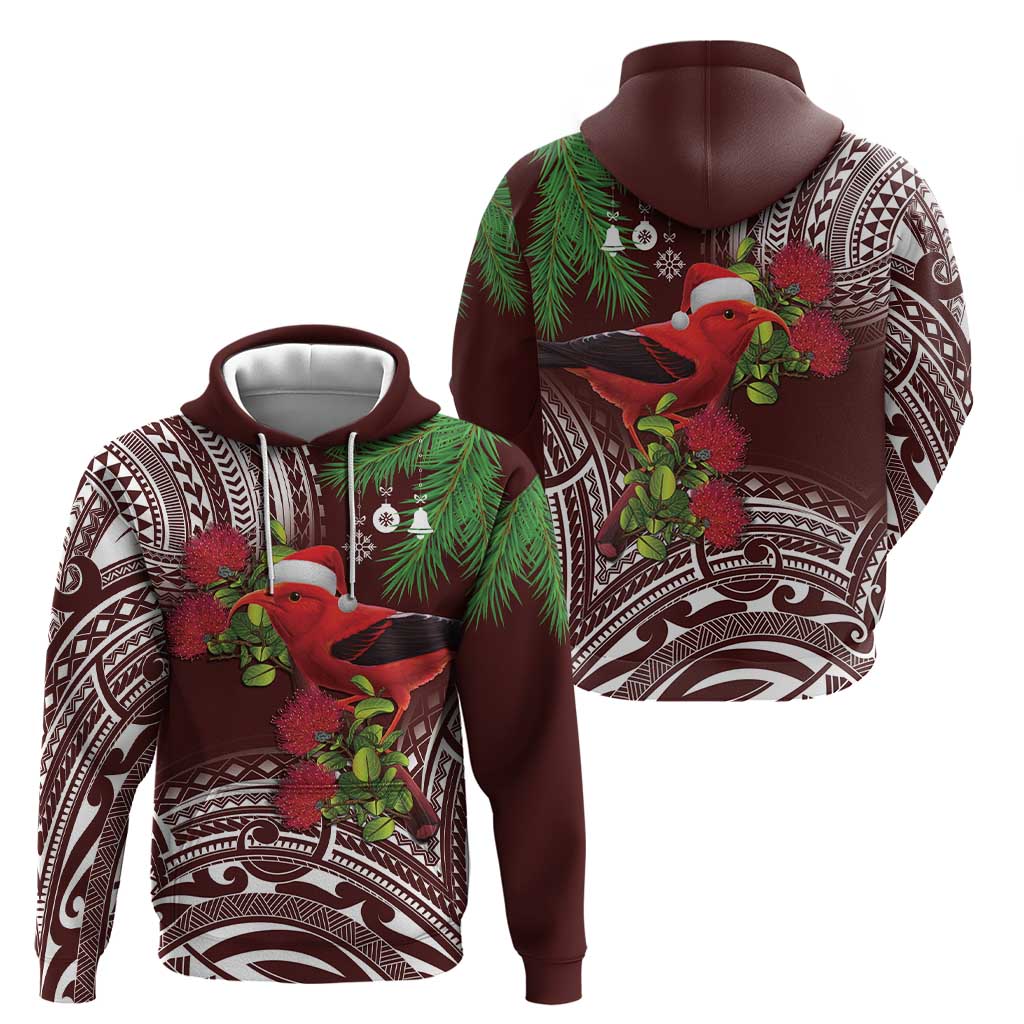 Christmas Hawaii with I'iwi Bird Hoodie Aloha Mele Kalikimaka - Oxblood Art LT9 - Polynesian Pride