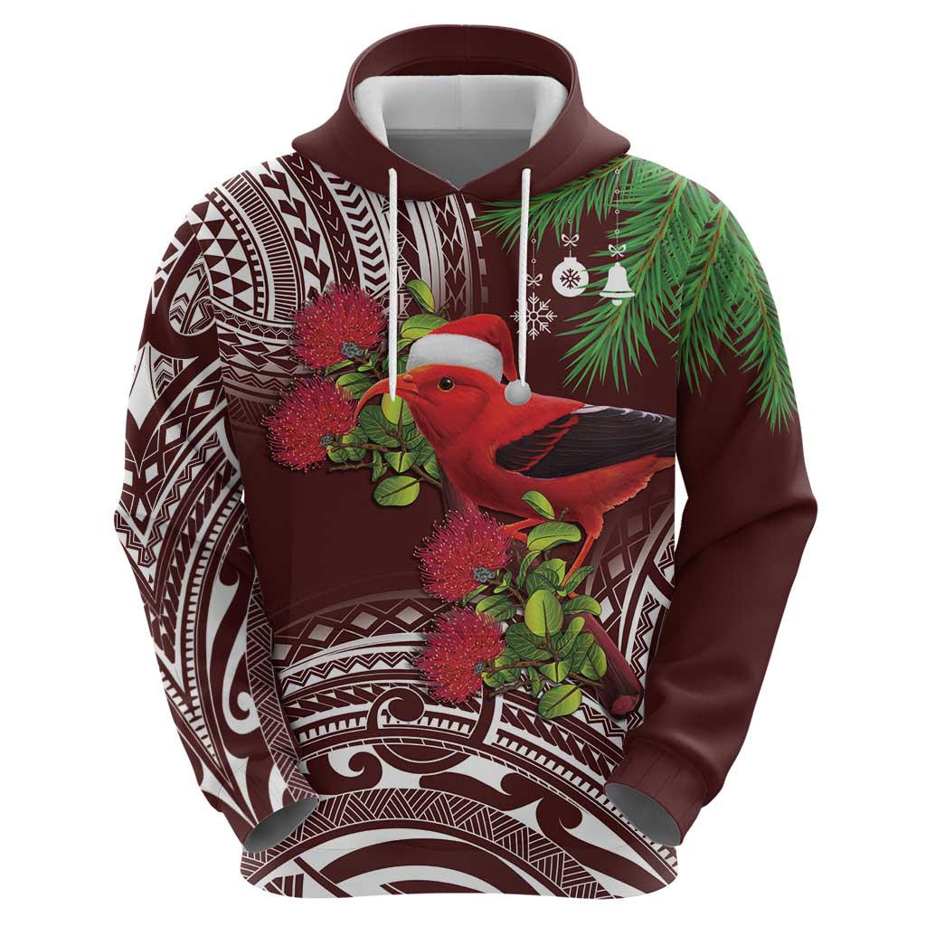 Christmas Hawaii with I'iwi Bird Hoodie Aloha Mele Kalikimaka - Oxblood Art LT9 - Polynesian Pride