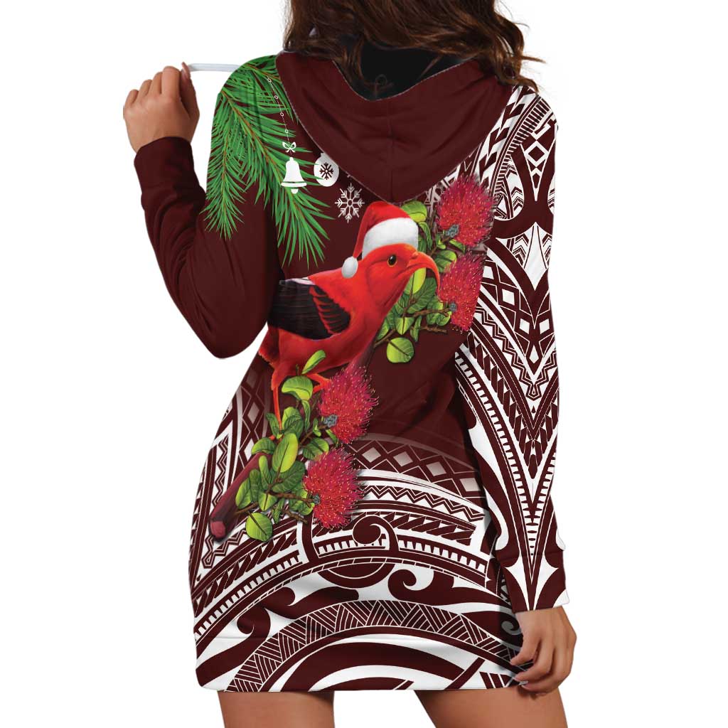 Christmas Hawaii with I'iwi Bird Hoodie Dress Aloha Mele Kalikimaka - Oxblood Art LT9 - Polynesian Pride