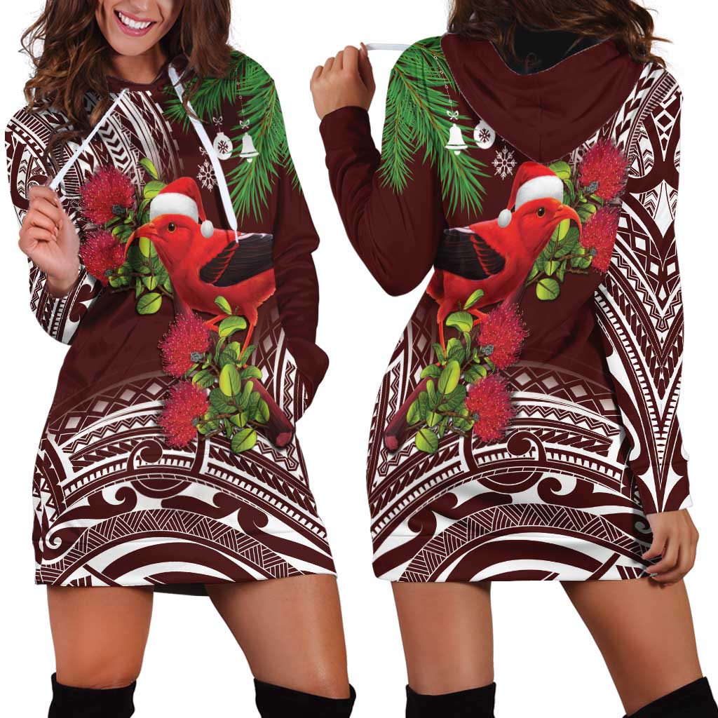 Christmas Hawaii with I'iwi Bird Hoodie Dress Aloha Mele Kalikimaka - Oxblood Art LT9 - Polynesian Pride