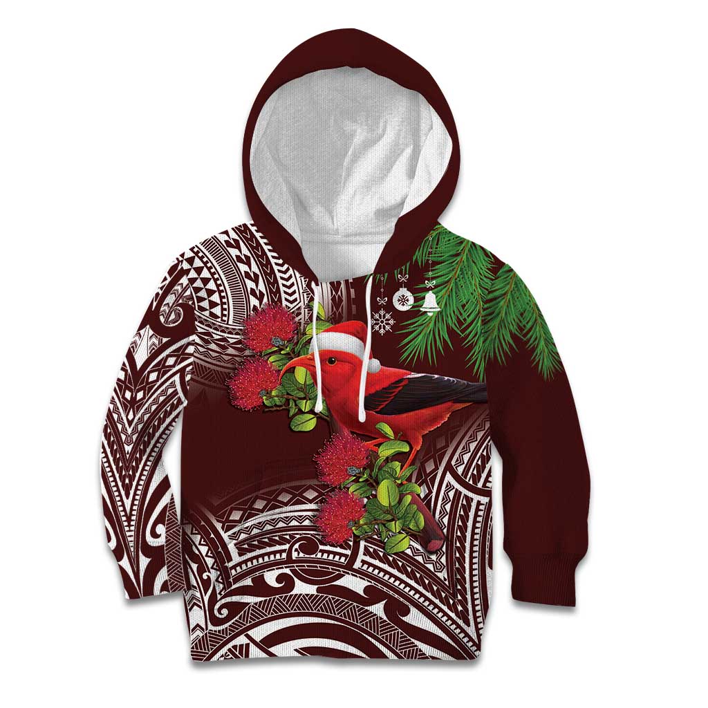 Christmas Hawaii with I'iwi Bird Kid Hoodie Aloha Mele Kalikimaka - Oxblood Art LT9 Hoodie Oxblood - Polynesian Pride