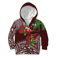 Christmas Hawaii with I'iwi Bird Kid Hoodie Aloha Mele Kalikimaka - Oxblood Art LT9 Zip Hoodie Oxblood - Polynesian Pride