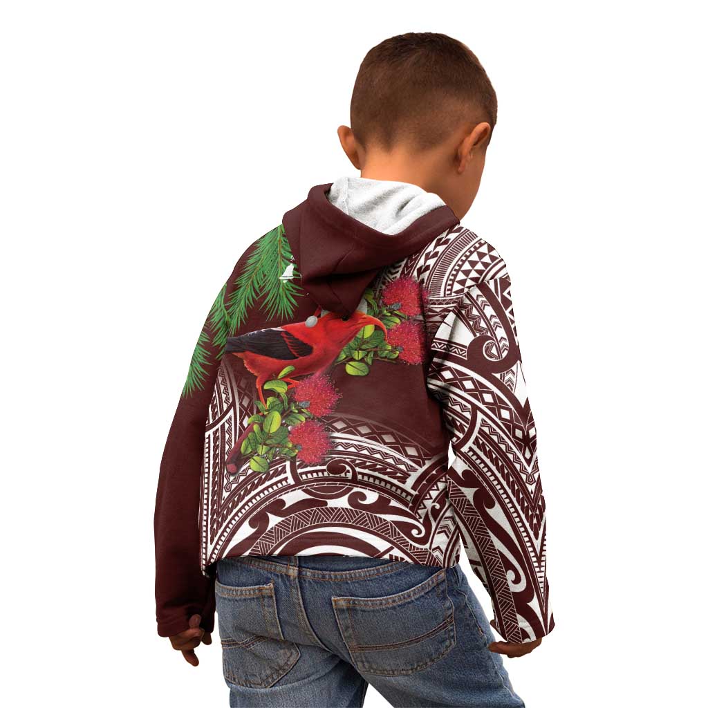 Christmas Hawaii with I'iwi Bird Kid Hoodie Aloha Mele Kalikimaka - Oxblood Art LT9 - Polynesian Pride