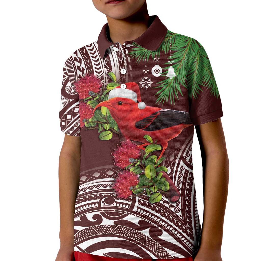 Christmas Hawaii with I'iwi Bird Kid Polo Shirt Aloha Mele Kalikimaka - Oxblood Art LT9 Kid Oxblood - Polynesian Pride