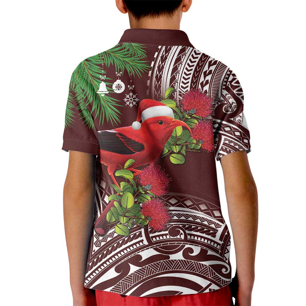 Christmas Hawaii with I'iwi Bird Kid Polo Shirt Aloha Mele Kalikimaka - Oxblood Art LT9 - Polynesian Pride