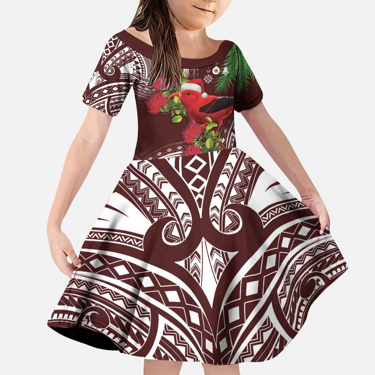 Christmas Hawaii with I'iwi Bird Kid Short Sleeve Dress Aloha Mele Kalikimaka - Oxblood Art LT9 KID Oxblood - Polynesian Pride