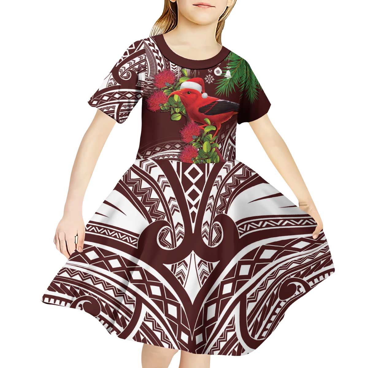 Christmas Hawaii with I'iwi Bird Kid Short Sleeve Dress Aloha Mele Kalikimaka - Oxblood Art LT9 - Polynesian Pride