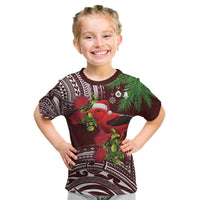 Christmas Hawaii with I'iwi Bird Kid T Shirt Aloha Mele Kalikimaka - Oxblood Art LT9 Oxblood - Polynesian Pride