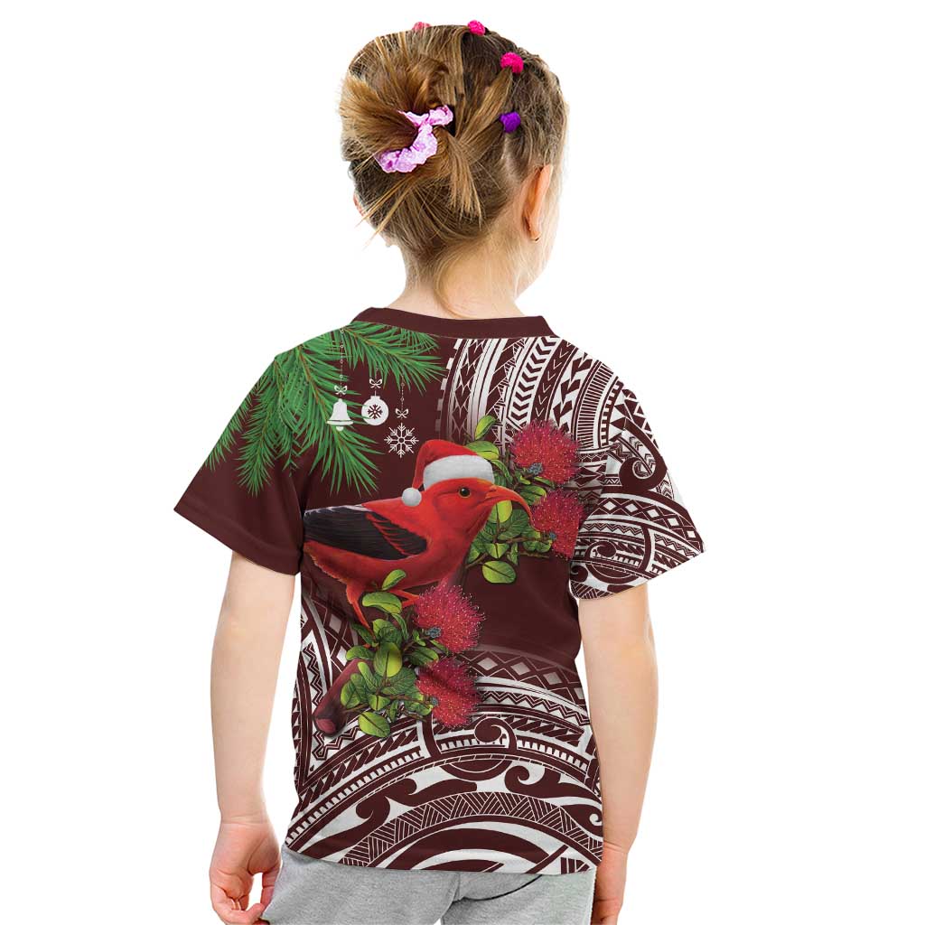 Christmas Hawaii with I'iwi Bird Kid T Shirt Aloha Mele Kalikimaka - Oxblood Art LT9 - Polynesian Pride