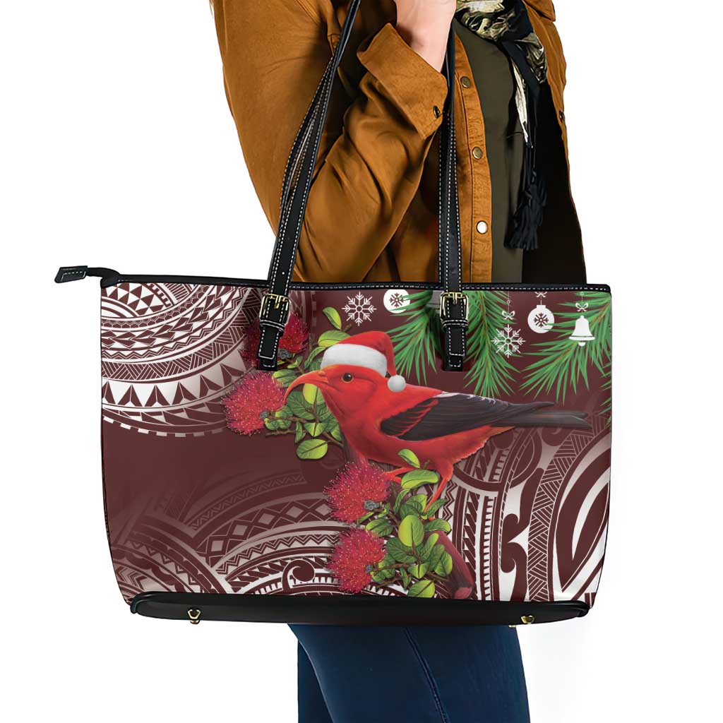 Christmas Hawaii with I'iwi Bird Leather Tote Bag Aloha Mele Kalikimaka - Oxblood Art LT9 - Polynesian Pride