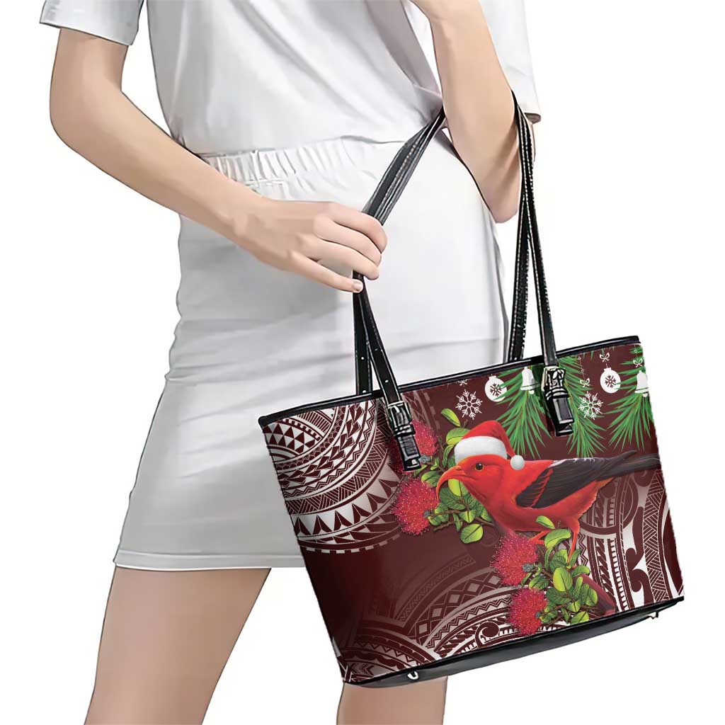 Christmas Hawaii with I'iwi Bird Leather Tote Bag Aloha Mele Kalikimaka - Oxblood Art LT9 - Polynesian Pride