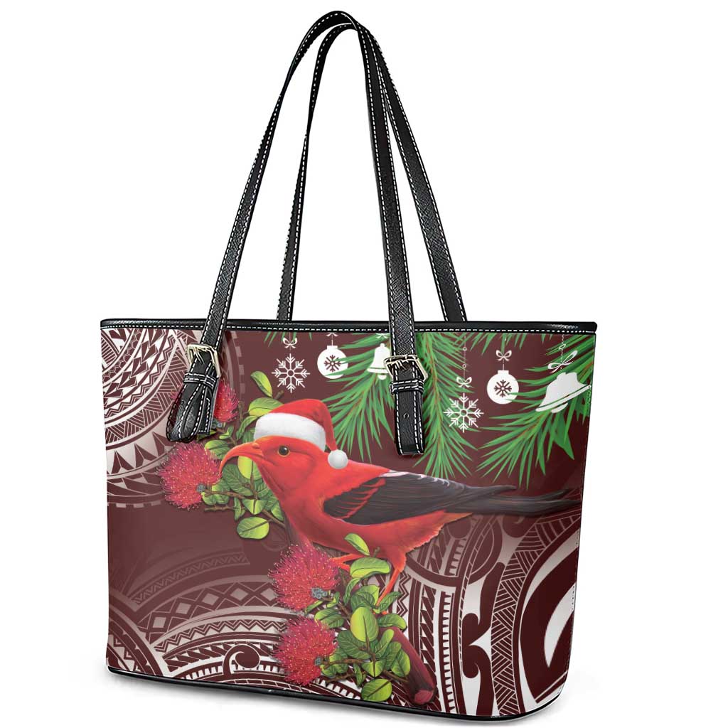 Christmas Hawaii with I'iwi Bird Leather Tote Bag Aloha Mele Kalikimaka - Oxblood Art LT9 - Polynesian Pride