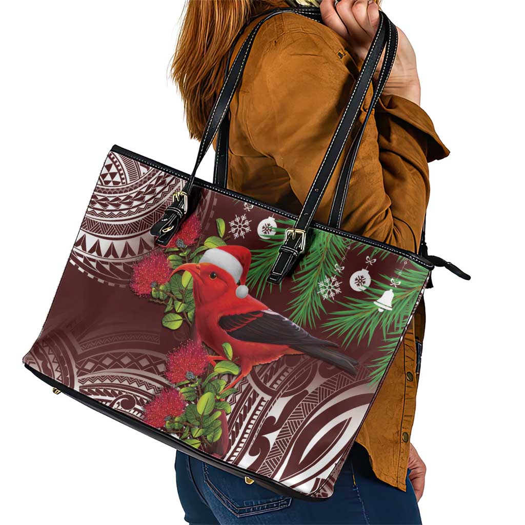 Christmas Hawaii with I'iwi Bird Leather Tote Bag Aloha Mele Kalikimaka - Oxblood Art LT9 - Polynesian Pride