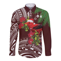 Christmas Hawaii with I'iwi Bird Long Sleeve Button Shirt Aloha Mele Kalikimaka - Oxblood Art LT9 Unisex Oxblood - Polynesian Pride