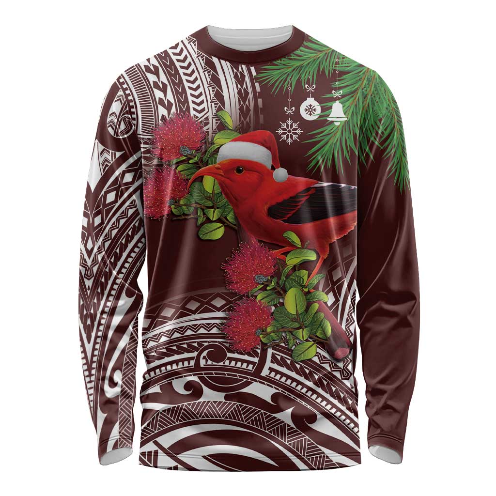 Christmas Hawaii with I'iwi Bird Long Sleeve Shirt Aloha Mele Kalikimaka - Oxblood Art LT9 Unisex Oxblood - Polynesian Pride
