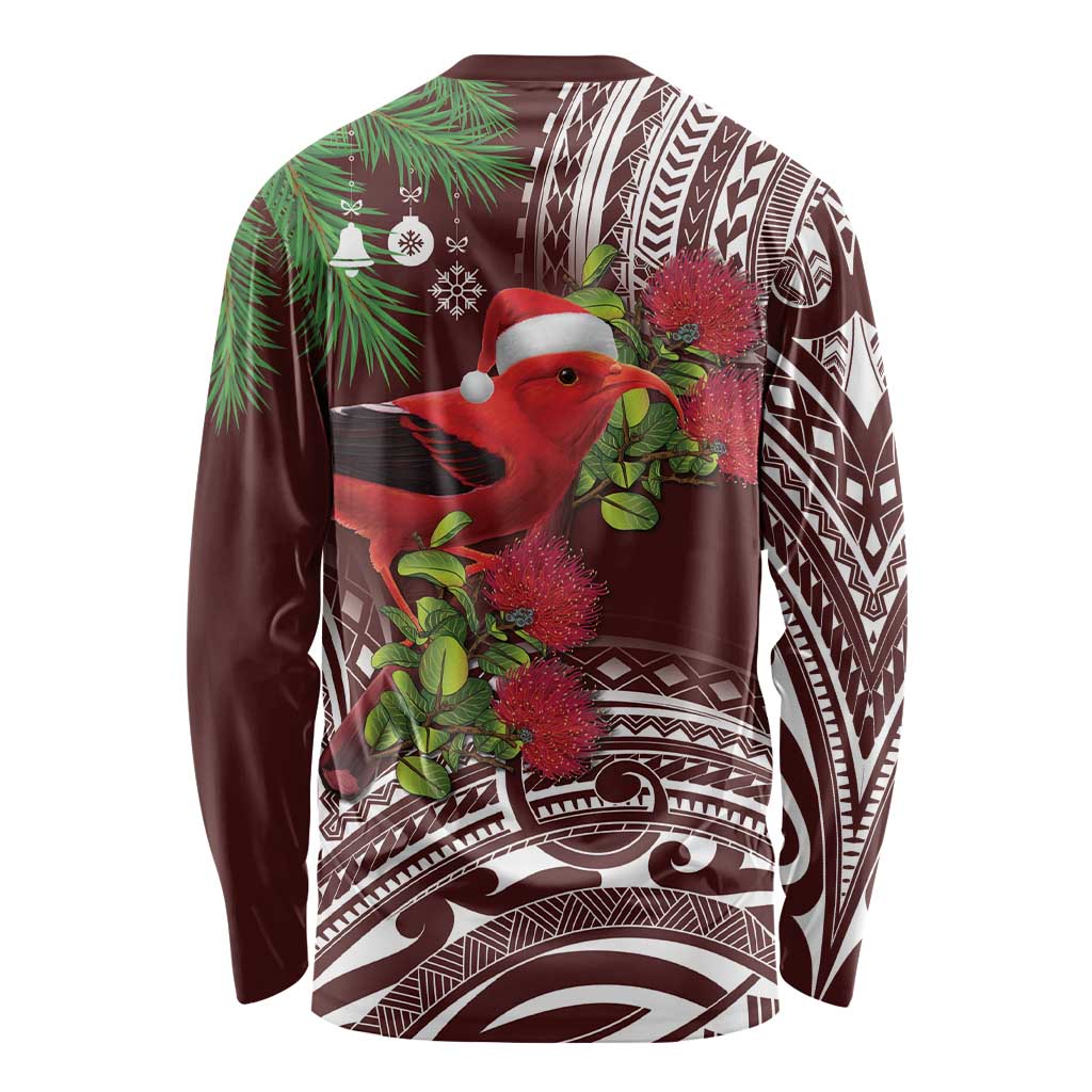 Christmas Hawaii with I'iwi Bird Long Sleeve Shirt Aloha Mele Kalikimaka - Oxblood Art LT9 - Polynesian Pride