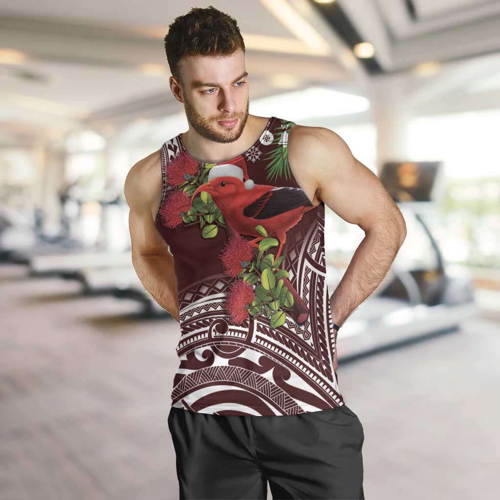 Christmas Hawaii with I'iwi Bird Men Tank Top Aloha Mele Kalikimaka - Oxblood Art LT9 Oxblood - Polynesian Pride
