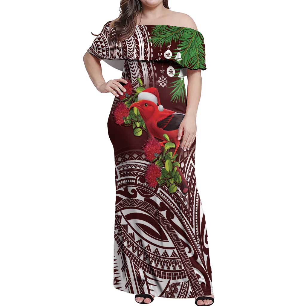 Christmas Hawaii with I'iwi Bird Off Shoulder Maxi Dress Aloha Mele Kalikimaka - Oxblood Art LT9 Women Oxblood - Polynesian Pride