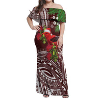 Christmas Hawaii with I'iwi Bird Off Shoulder Maxi Dress Aloha Mele Kalikimaka - Oxblood Art LT9 Women Oxblood - Polynesian Pride