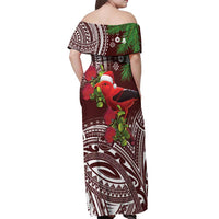 Christmas Hawaii with I'iwi Bird Off Shoulder Maxi Dress Aloha Mele Kalikimaka - Oxblood Art LT9 - Polynesian Pride