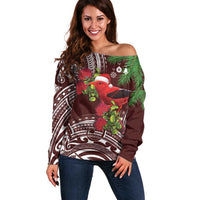 Christmas Hawaii with I'iwi Bird Off Shoulder Sweater Aloha Mele Kalikimaka - Oxblood Art LT9 Women Oxblood - Polynesian Pride