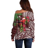 Christmas Hawaii with I'iwi Bird Off Shoulder Sweater Aloha Mele Kalikimaka - Oxblood Art LT9 - Polynesian Pride