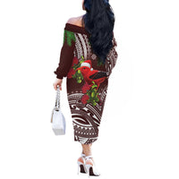 Christmas Hawaii with I'iwi Bird Off The Shoulder Long Sleeve Dress Aloha Mele Kalikimaka - Oxblood Art LT9 - Polynesian Pride