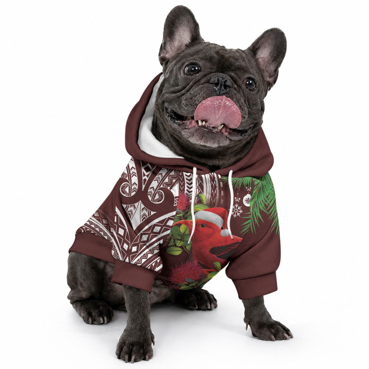 Christmas Hawaii with I'iwi Bird Pet Hoodie Aloha Mele Kalikimaka - Oxblood Art LT9 - Polynesian Pride