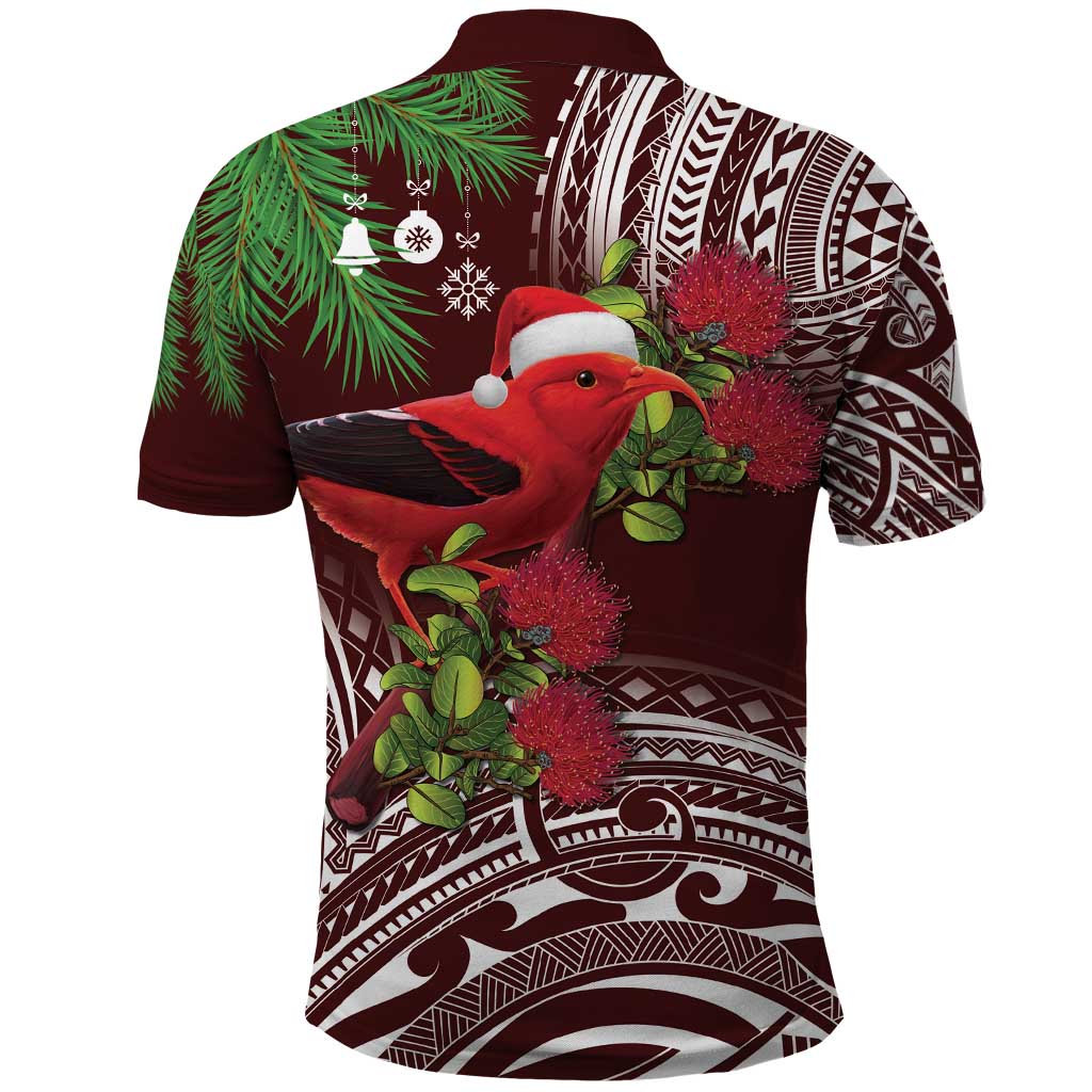 Christmas Hawaii with I'iwi Bird Polo Shirt Aloha Mele Kalikimaka - Oxblood Art LT9 - Polynesian Pride