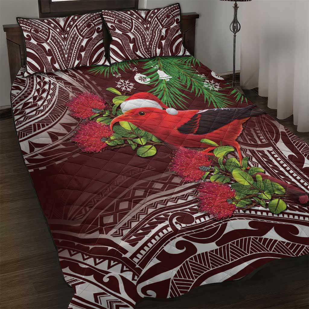 Christmas Hawaii with I'iwi Bird Quilt Bed Set Aloha Mele Kalikimaka - Oxblood Art LT9 Oxblood - Polynesian Pride