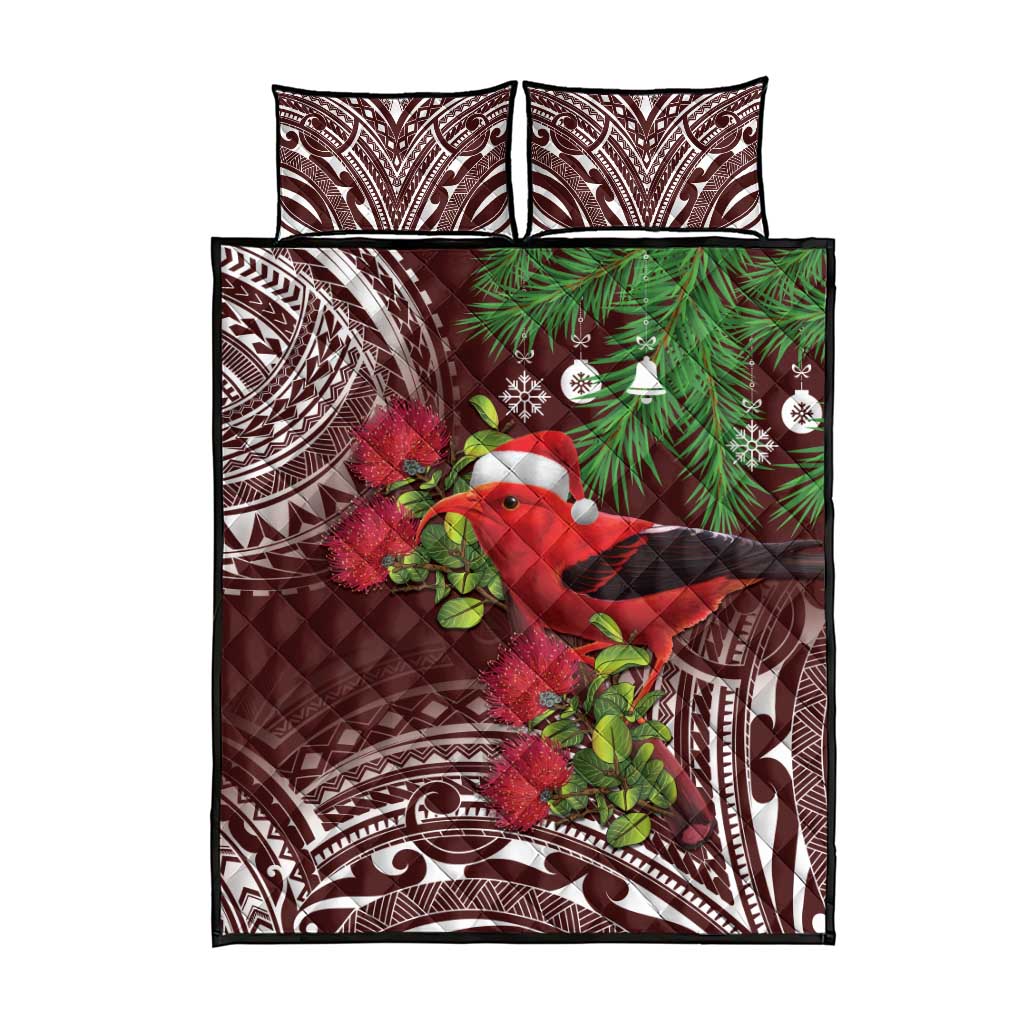 Christmas Hawaii with I'iwi Bird Quilt Bed Set Aloha Mele Kalikimaka - Oxblood Art LT9 - Polynesian Pride
