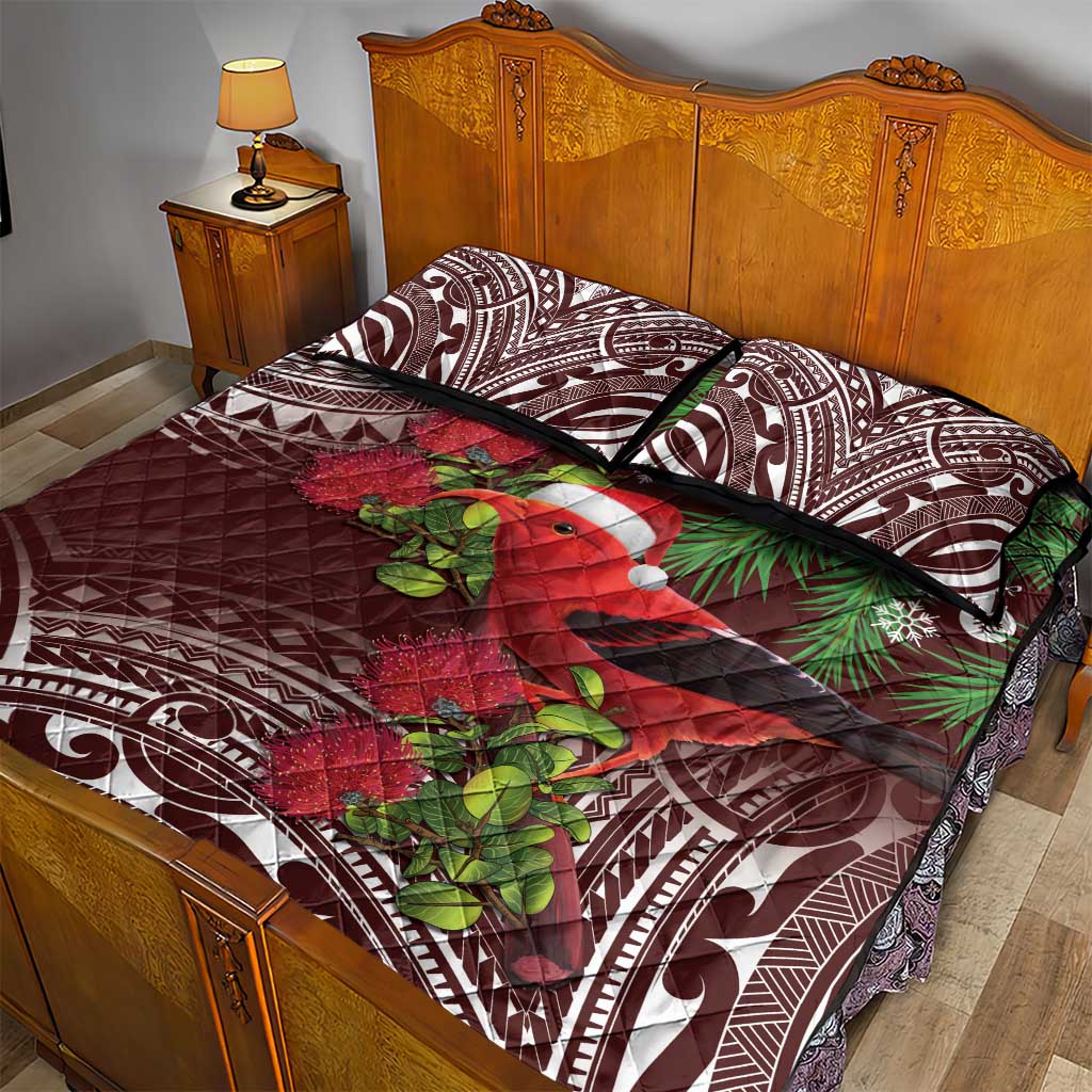 Christmas Hawaii with I'iwi Bird Quilt Bed Set Aloha Mele Kalikimaka - Oxblood Art LT9 - Polynesian Pride