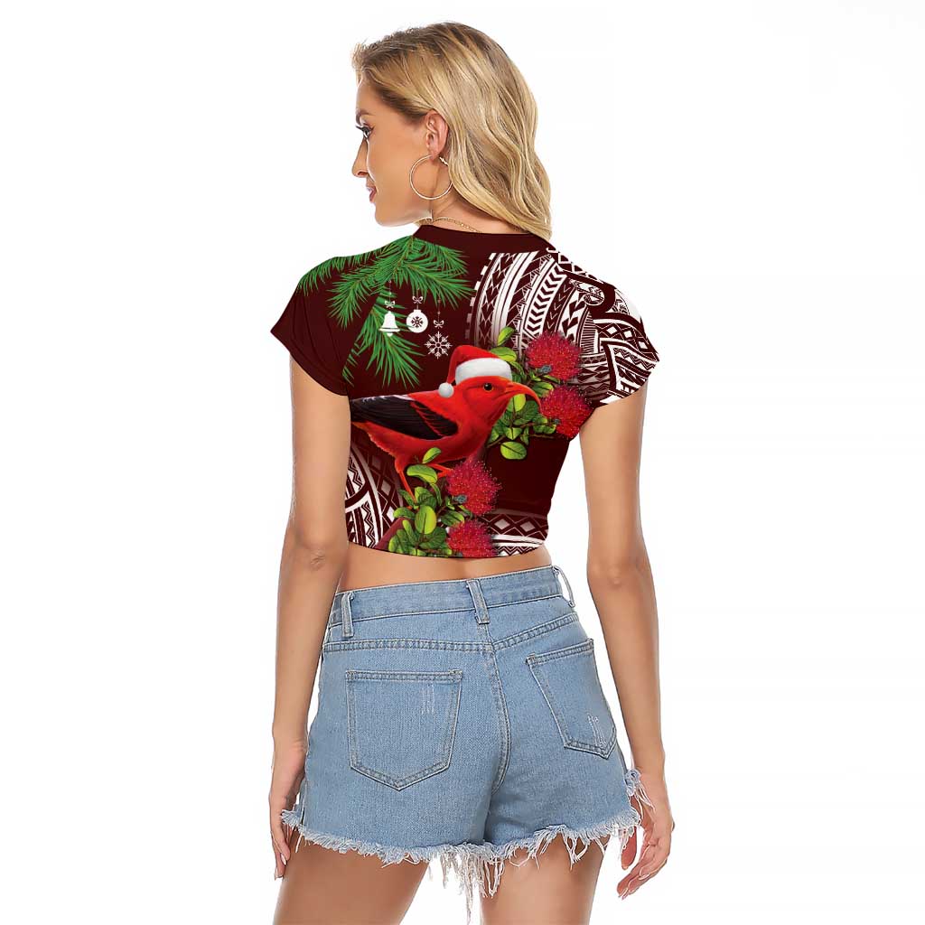 Christmas Hawaii with I'iwi Bird Raglan Cropped T Shirt Aloha Mele Kalikimaka - Oxblood Art LT9 - Polynesian Pride