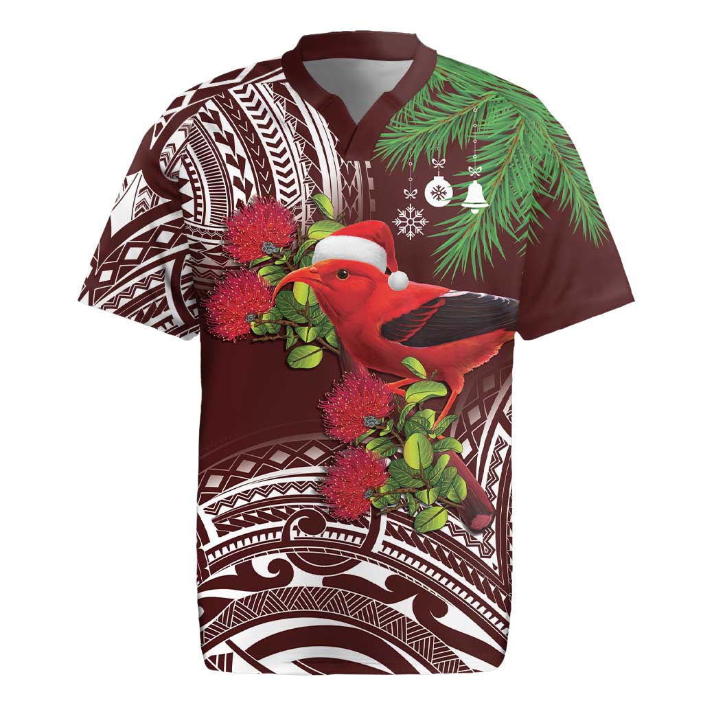 Christmas Hawaii with I'iwi Bird Rugby Jersey Aloha Mele Kalikimaka - Oxblood Art LT9 Oxblood - Polynesian Pride
