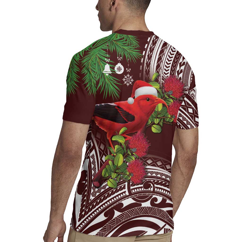 Christmas Hawaii with I'iwi Bird Rugby Jersey Aloha Mele Kalikimaka - Oxblood Art LT9 - Polynesian Pride