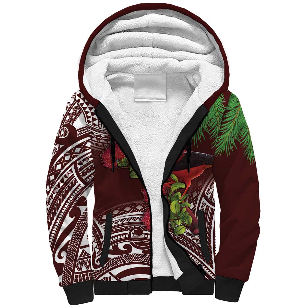 Christmas Hawaii with I'iwi Bird Sherpa Hoodie Aloha Mele Kalikimaka - Oxblood Art LT9 Unisex Oxblood - Polynesian Pride
