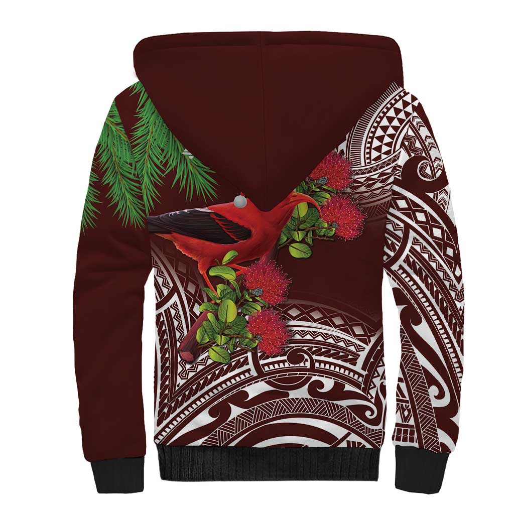 Christmas Hawaii with I'iwi Bird Sherpa Hoodie Aloha Mele Kalikimaka - Oxblood Art LT9 - Polynesian Pride