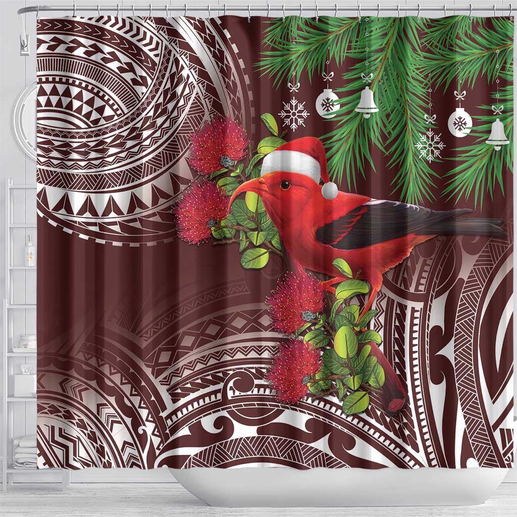 Christmas Hawaii with I'iwi Bird Shower Curtain Aloha Mele Kalikimaka - Oxblood Art LT9 - Polynesian Pride