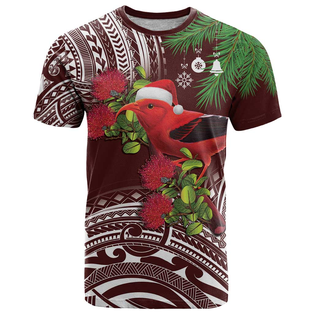 Christmas Hawaii with I'iwi Bird T Shirt Aloha Mele Kalikimaka - Oxblood Art LT9 Oxblood - Polynesian Pride