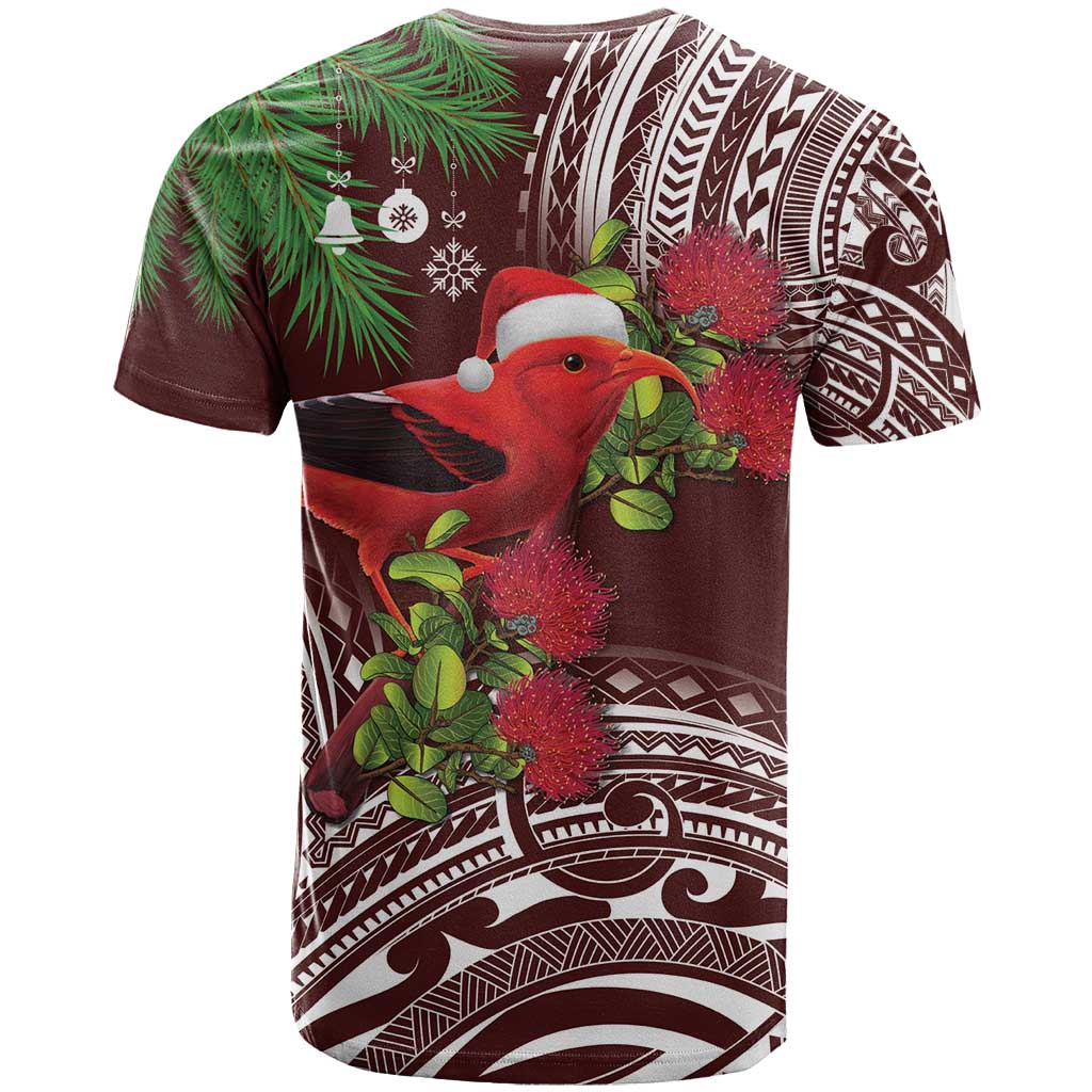 Christmas Hawaii with I'iwi Bird T Shirt Aloha Mele Kalikimaka - Oxblood Art LT9 - Polynesian Pride