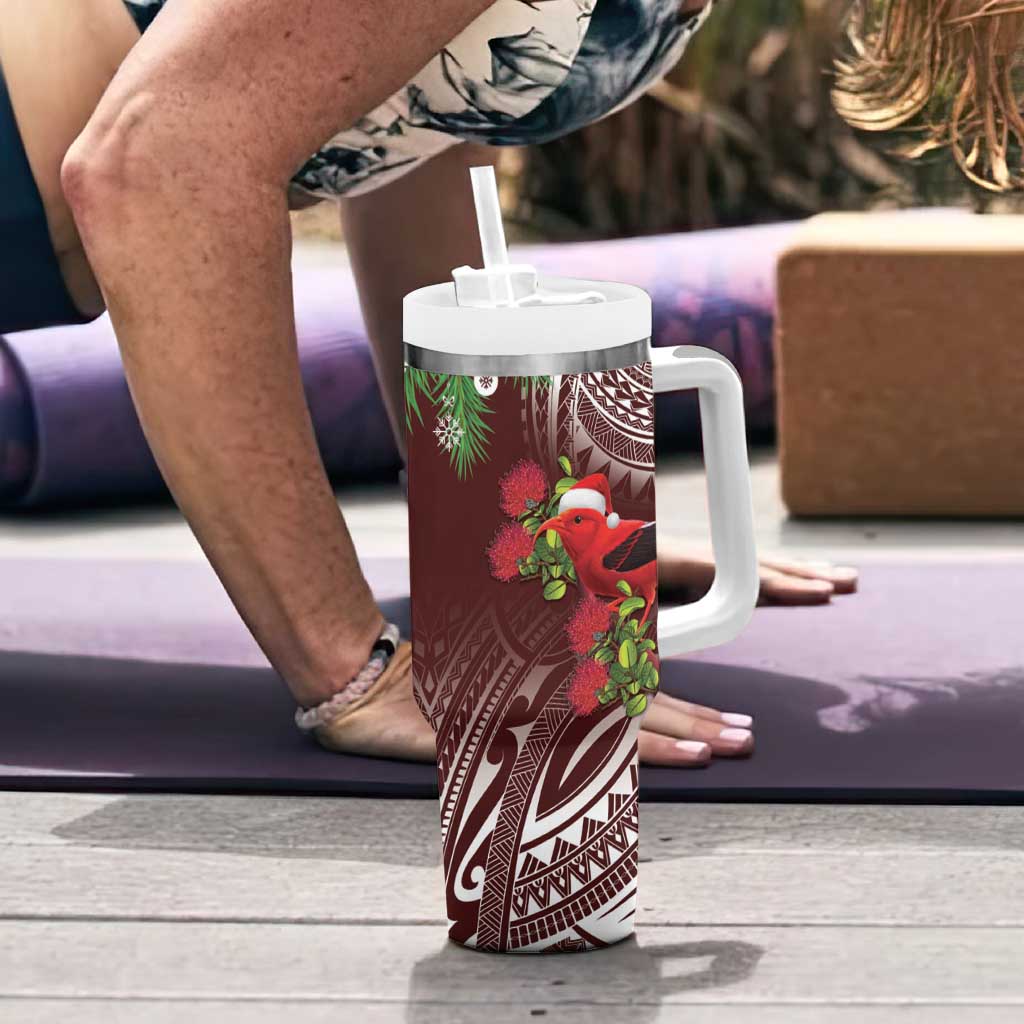 Christmas Hawaii with I'iwi Bird Tumbler With Handle Aloha Mele Kalikimaka - Oxblood Art LT9 - Polynesian Pride