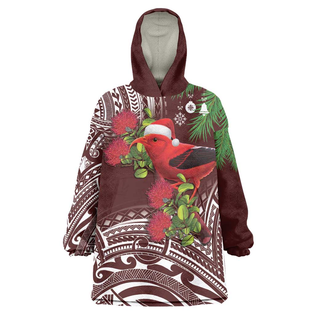 Christmas Hawaii with I'iwi Bird Wearable Blanket Hoodie Aloha Mele Kalikimaka - Oxblood Art LT9 One Size Oxblood - Polynesian Pride