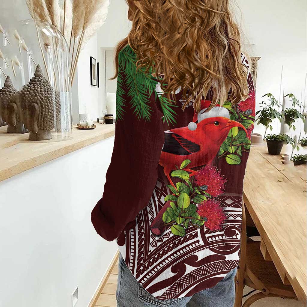 Christmas Hawaii with I'iwi Bird Women Casual Shirt Aloha Mele Kalikimaka - Oxblood Art LT9 - Polynesian Pride