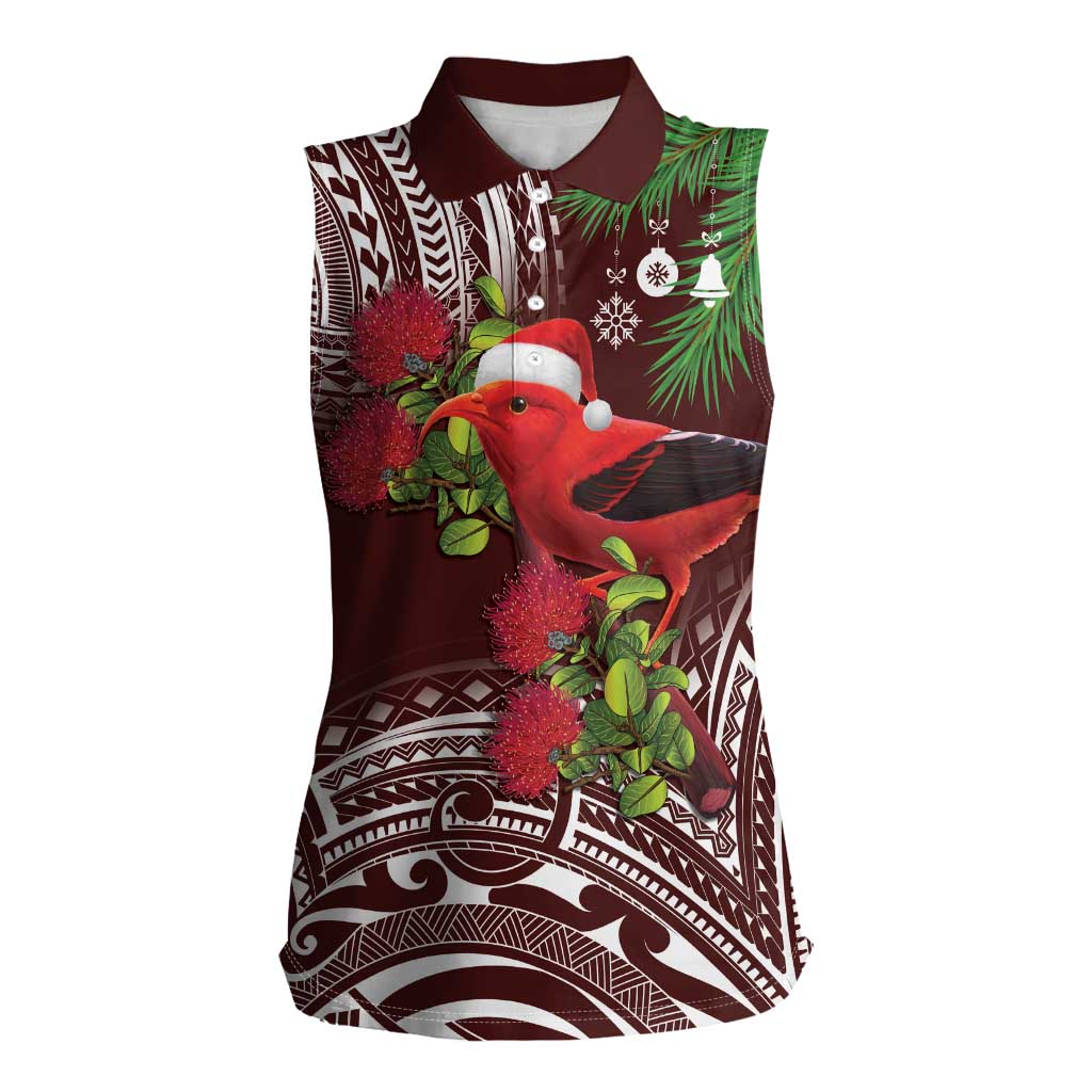 Christmas Hawaii with I'iwi Bird Women Sleeveless Polo Shirt Aloha Mele Kalikimaka - Oxblood Art LT9 Female Oxblood - Polynesian Pride