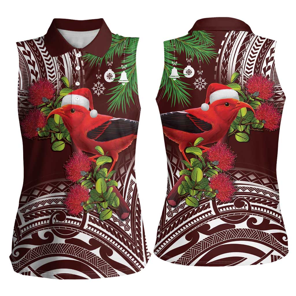 Christmas Hawaii with I'iwi Bird Women Sleeveless Polo Shirt Aloha Mele Kalikimaka - Oxblood Art LT9 - Polynesian Pride